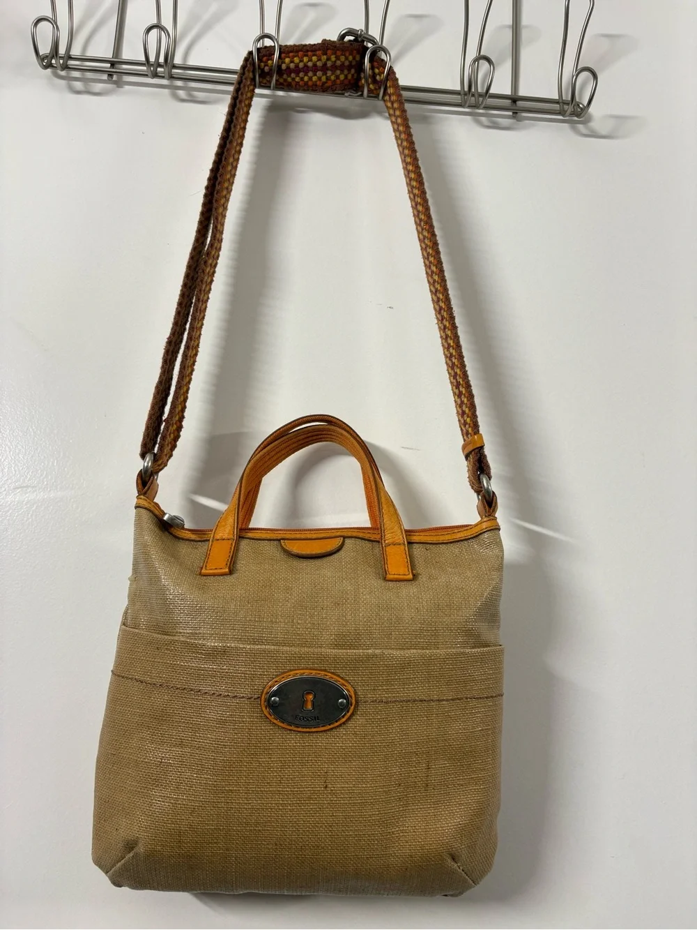 Fossil Tan Canvas Tote with Leather Trim and Multicolor Woven Strap